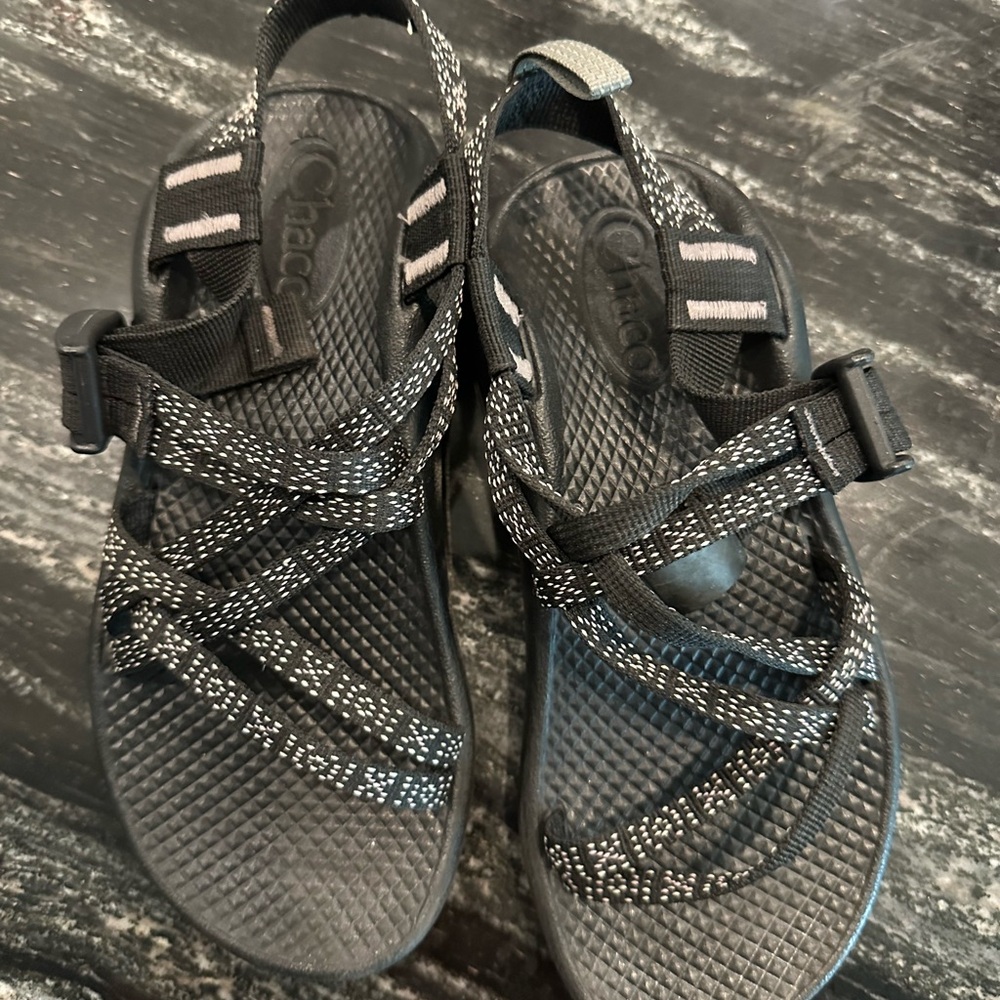 Chaco Sandals Black with patterned straps and gray tabs. Kids size 2